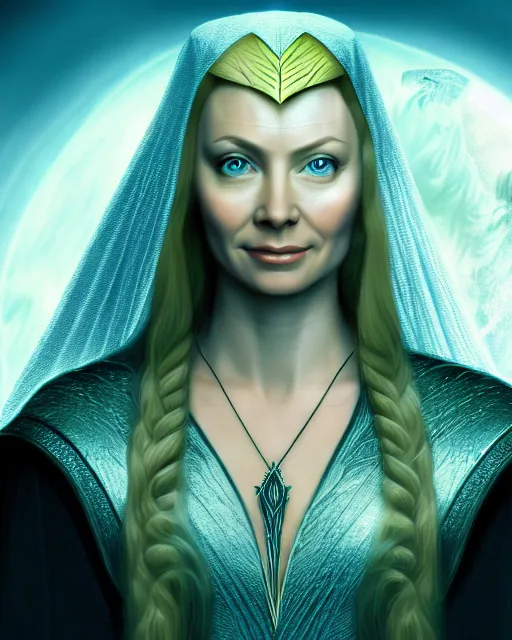 Image similar to Galadriel from Lord of the rings, Cover art by Stephen Bliss, boxart, loading screen, 8K resolution