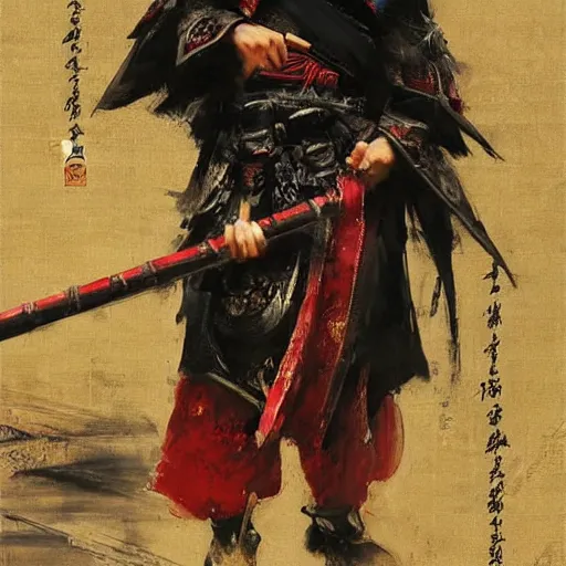 Prompt: a chinese warrior in black robes with red elements playing flute, beautiful composition, by ruan jia and wlop