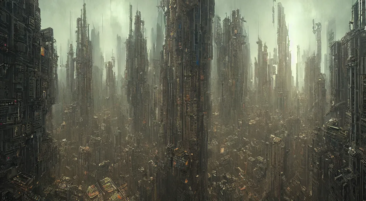 Image similar to cyberpunk city with renaissance architecture, cinematic lighting, hyper detailed, hyper realistic, in the style of beksinski