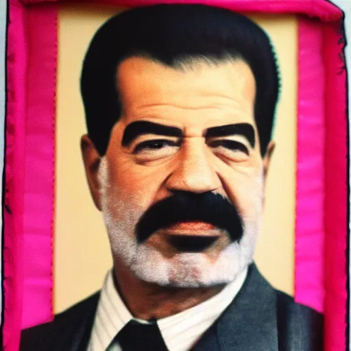 Image similar to rgb head shot of saddam hussein with a pink jacket, 8 k,