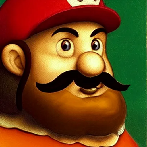 Prompt: da vinci painting of super mario, big moustache, red hat, thick eyebrows, red shirt, overalls, green pipes in the background, highly detailed