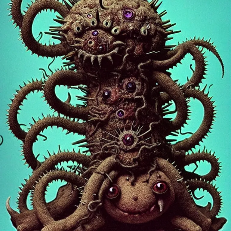 Image similar to photo of cute plush fluffy chibi monster with spikes, tentacles and many eyes. jpeg compression artifacts, strong compression artifacts. made by giger, wayne barlowe, dariusz zawadzki, zdzislaw beksinski