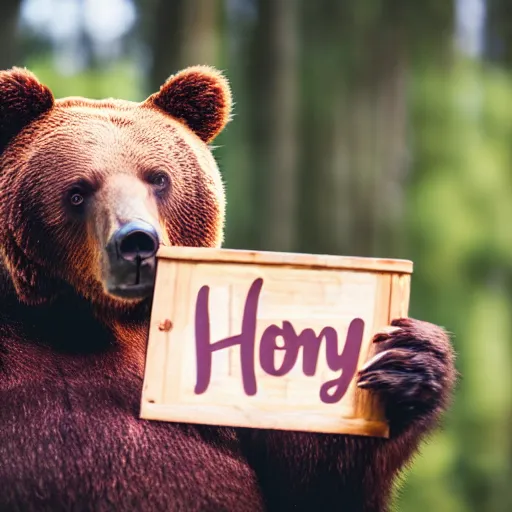 Image similar to bear holding a sign that says honey, 5 0 mm lens, bokeh, good lighting