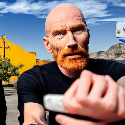 Image similar to Jerma taking a selfie with Bald Bryan Cranston with a goatee in Albuquerque, New Mexico with a yellow filter, real life, hyperrealistic, ultra realistic, realistic, highly detailed, epic, HD quality, 8k resolution, body and headshot, Trending on Artstation, very realistic