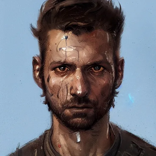 Image similar to Portrait of a man by Greg Rutkowski, he is about 30 years old, Nordic and Hebrew factions, messy brown short hair, strong, tired expression, father figure image, he is wearing a aegean blue utilitarian jumpsuit, highly detailed portrait, scifi, digital painting, artstation, concept art, smooth, sharp foccus ilustration, Artstation HQ.