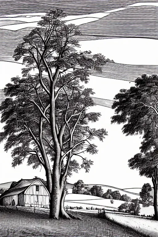 Image similar to realistic barn in pastoral field with trees and hills, art by james o barr and albrecht durer, expresionistic engraving, black and white, vector, vector art