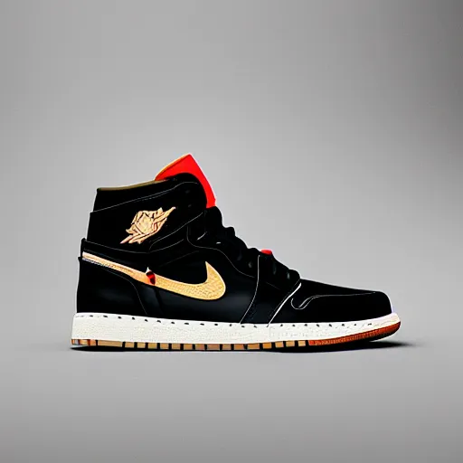 Image similar to a studio photoshoot of Air Jordan 1 sneakers designed by Virgil Abloh, leather and suede, Off-White, realistic, color film photography by Tlyer Mitchell, 35 mm, graflex