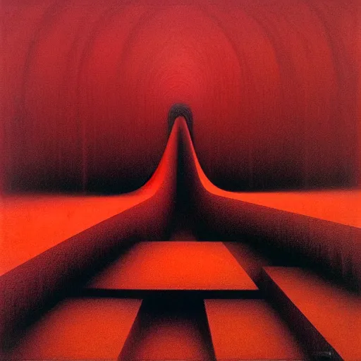 Image similar to a warped tunnel of irregular red and black checkerboard pattern drowns out a desperate voice by Zdzisław Beksiński