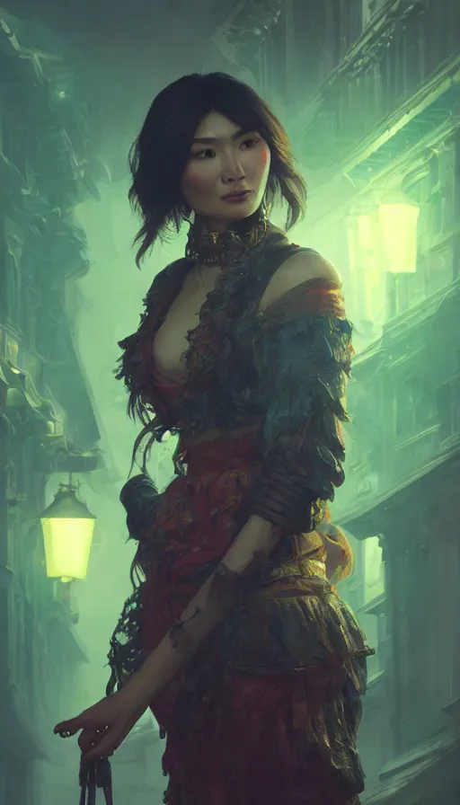 Prompt: portrait of gemma chan tavern bard, intricate face, furious expression, sweat, narrow dark streets with exotic dancers, vaporwave aesthetics, 8 k uhd, unreal engine, octane render in the artstyle of finnian macmanus, john park and greg rutkowski