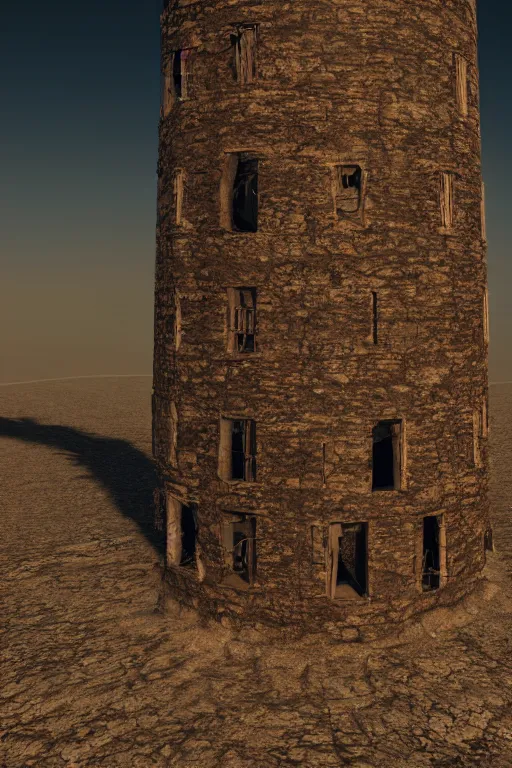 Image similar to an old decaying tower in the middle of a vast desert, fantasy, hyper realistic, atmospheric lighting, 8k,