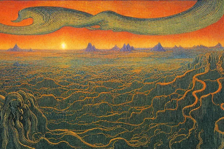 Image similar to lovecraftian landscape, another world by Jean Delville