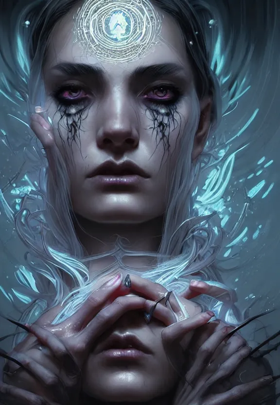 Image similar to Necromancer Sorceress face close-up macro in center, fantasy magic, undercut hairstyle, dark light night, intricate, elegant, sharp focus, illustration, highly detailed, digital painting, concept art, matte, art by WLOP and Artgerm and Greg Rutkowski and Alphonse Mucha, masterpiece