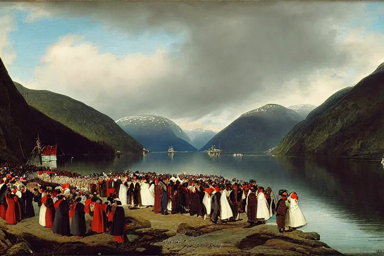 Image similar to the bridal procession on the hardangerfjord by hans gude, adolph tidemand