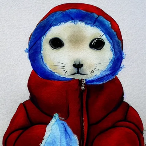 Image similar to “a baby harp seal wearing a puffer jacket, knitted hat, and ear muffs, water color painting”