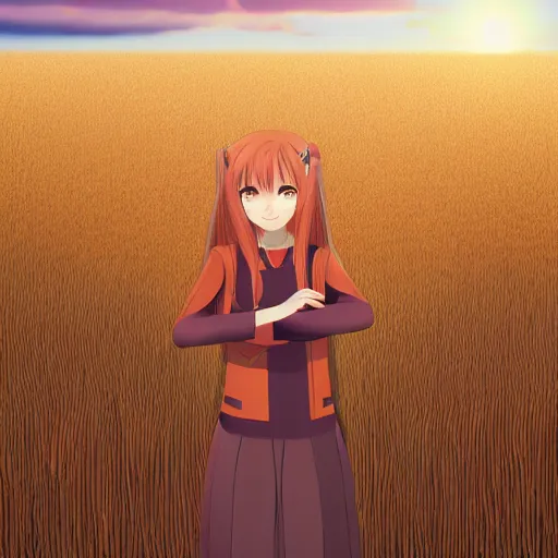 Image similar to digital illustration of Holo from Spice and Wolf standing in a wheat field at sunset, key visual