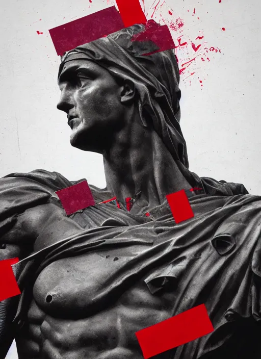 Image similar to dark design poster showing a close up of a heroic greco roman statue, black background with very subtle red and purple design elements, powerful, nekro, vito acconci, thin straight lines, dark, glitch art, neo vaporwave, gritty, layout frame, square, trending on artstation