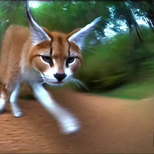 Prompt: gopro photo of a cute fluffy caracal surfing,