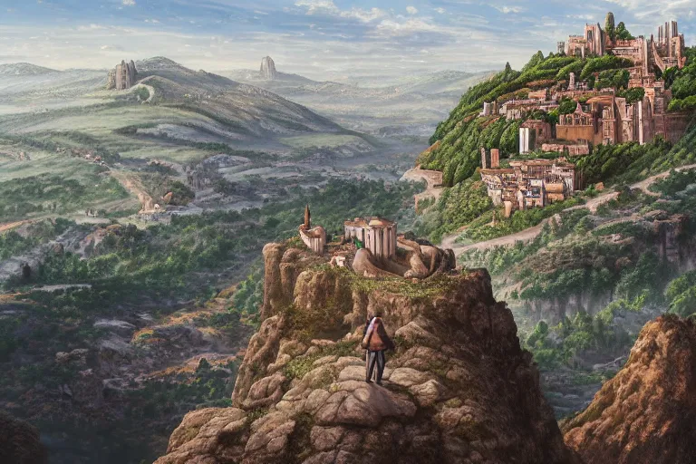 Prompt: an ultra detailed matte landscape painting of an extremely tall and strong young man with short brown hair standing on a cliff overlooking a medieval european capital built on top of many hills, italian renaissance architecture, ultrawide lense, aerial photography, 8 k, volumetric lighting, smooth, highly detailed, digital illustration, art by greg rutkowski and akira toriyama and artgerm