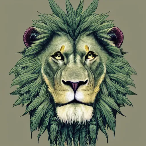 Prompt: a green lion made of weed Intricate ultradetailed illustration,trending on artstation