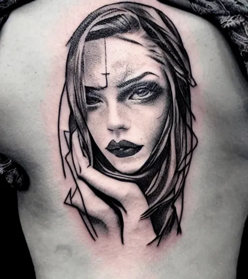 Image similar to amazing blend effect of beautiful mountain scenery with a beautiful woman face, tattoo design sketch, hyper - realistic, in the style of matteo pasqualin, amazing detail, black and white