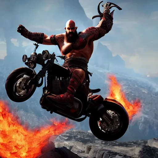 Image similar to kratos jumping a black harley - davidson motorcycle off a cliff, cinematic render, playstation studios official media, god of war 2 0 1 8, flames, centered