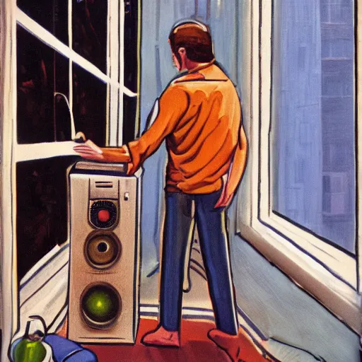 Image similar to a man begs his computer and monitor for more dalle 2 prompts. the apocalypse outside his giant apartment window. oil painting, 1 9 7 0 s