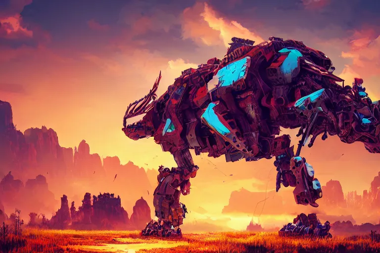 Image similar to behemoth machine mecanical creature robot of horizon forbidden west horizon zero dawn radiating a glowing aura global illumination ray tracing hdr fanart arstation by ian pesty and alena aenami artworks in 4 k