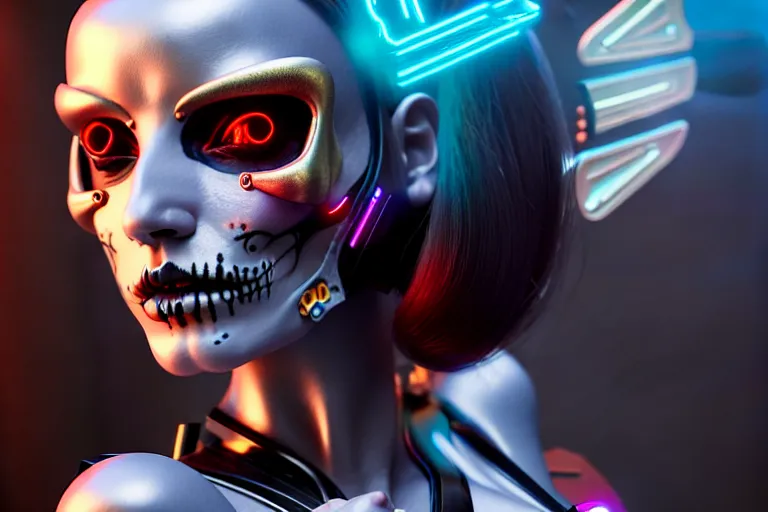 Prompt: ultra detailed female android, cinematic, 8 k, sci - fi movie!!, flowerpunk, sci - fi, fantasy, ( dia de los muertos ), asymmetrical!!, concept art, unreal engine, octane render, zbrush, art by artgerm and michael welan and alphonse mucha and loish and wlop