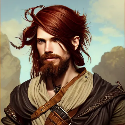 Prompt: portrait of a young rugged steampunk pirate, male, handsome, masculine, full body, red hair, long hair, soft hair, d & d, fantasy, intricate, elegant, highly detailed, steampunk, airship, digital painting, artstation, concept art, matte, sharp focus, illustration, art by artgerm and greg rutkowski and alphonse mucha