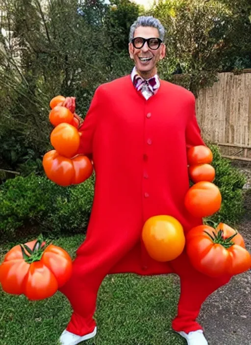 Prompt: jeff goldblum dressed up in a tomato costume