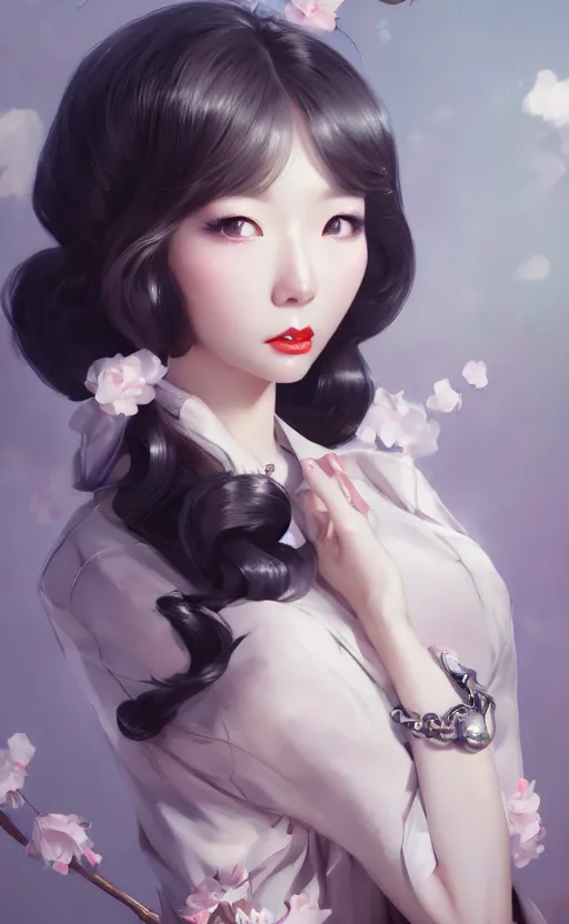 Image similar to a pin up and beautiful fashion charming dreamlke korea girl with lv jewelry, character art, art by artgerm lau and kyoung hwan kim and and ilya kuvshinov and john singer sargent, hyperdetailed, 8 k realistic, symmetrical, frostbite 3 engine, cryengine, dof, trending on artstation, digital art