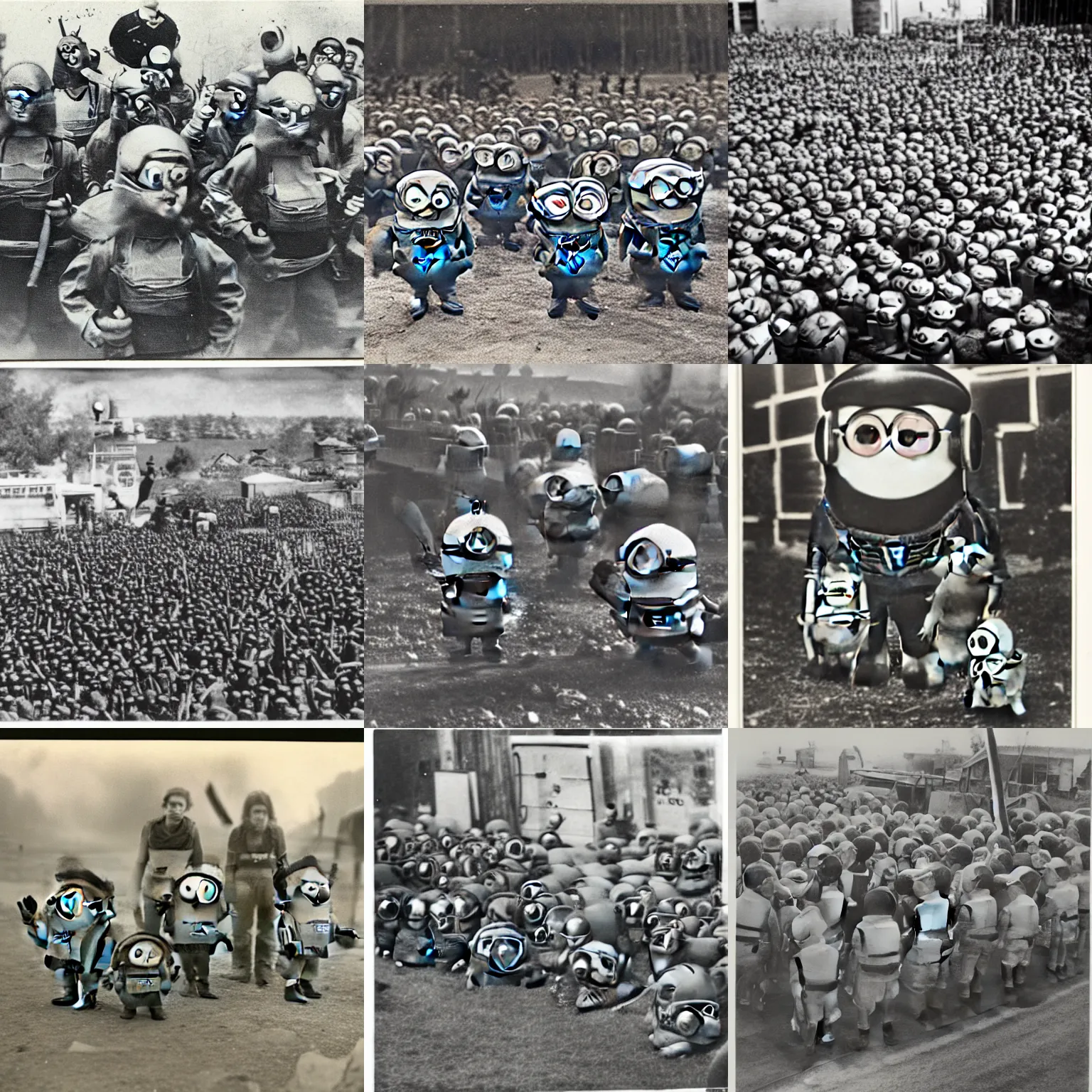 Prompt: vintage photo of the great minion war