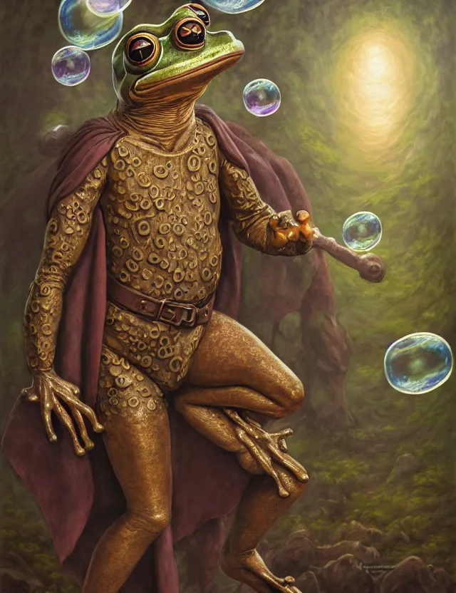 Image similar to anthropomorphic bipedal frog that is dressed as a renaissance fighter, as a matte oil painting and d & d character art, by alex grey, standing, fullbody, floating bubbles, mystic, fog, fractals, spirals, concept art, award - winning, extremely detailed, sharp focus