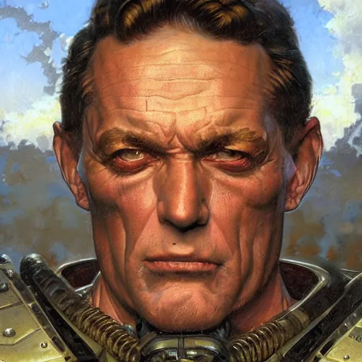 Prompt: the doomslayer, closeup portrait art by norman rockwell and donato giancola and greg rutkowski