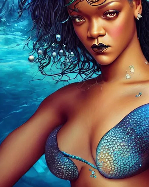 Prompt: Rihanna as a mermaid with a piercing gaze wearing a shell bikini in an underwater magical forest, highly detailed face, realistic face, beautiful detailed eyes, fantasy art, in the style of artgerm, illustration, epic, fantasy, intricate, hyper detailed, artstation, concept art, smooth, sharp focus, ray tracing, vibrant, photorealistic