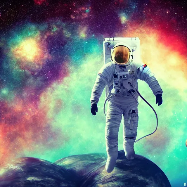 Prompt: - an astronaut standing on the edge of the universe trying to make sense of the world with psychedelic backgrounds, 4 k, trending on artstation, renaissance