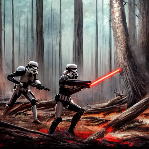 Image similar to stormtroopers shooting red blasters at a young blonde jedi with short hair in a burned lifeless forest with burned trees and plants concept art by Doug Chiang cinematic concept art, realistic painting, high definition, digital art, matte painting, symmetrical, very detailed, realistic, dramatic lighting, cinematic, establishing shot, extremely high detail, photo realistic, cinematic lighting, post processed, concept art, artstation, unreal engine 5, matte painting, red color scheme, the Mandalorian concept art style