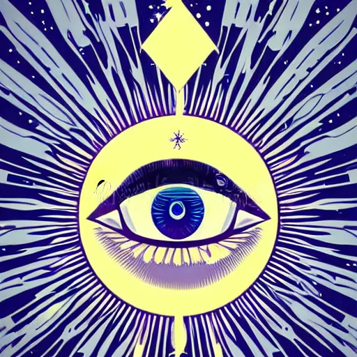 Prompt: a glowing crown sitting on a table with one beautiful eye mounted on it like a jewel, night time, vast cosmos, geometric light rays, bold black lines, flat colors, minimal psychedelic 1 9 5 0 s poster illustration