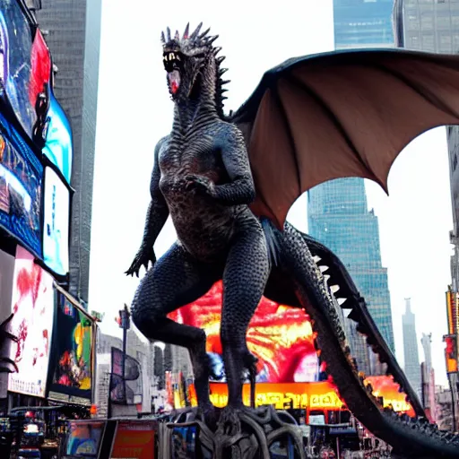 Image similar to game of thrones Daenerys riding a dragon in new york time square