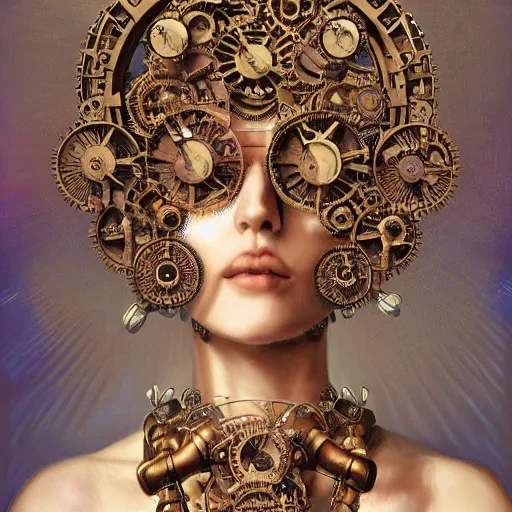 Image similar to A steampunk beautiful goddess, she half human and half robot, she is embellished with gears wheels and gemstones, by William Holman Hunt, Greg Rutkowski, Stanely Artgerm, Tooth Wu, Peter Gric, Aaron Horkey, trending on Artstation, digital art, mythological, symmetrical artwork, cinematic lighting, hyper realism, high detail, octane render, ultra realistic, golden ratio, 4k, 8k