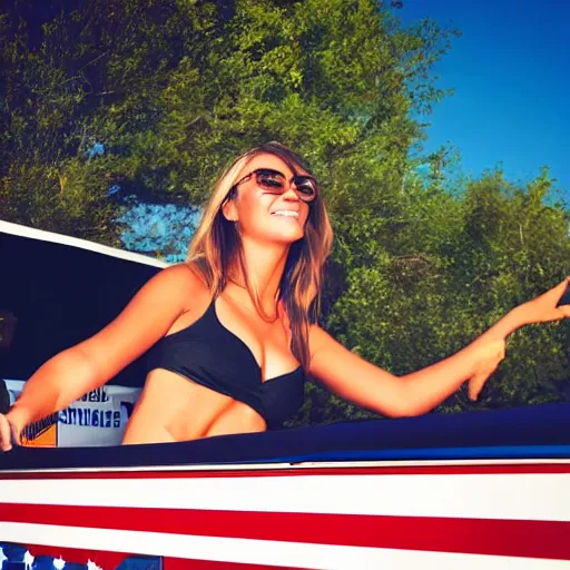 Prompt: photo of woman in the back of a pickup truck wearing bikinis drinking beer waving the american flag. closeup shot.