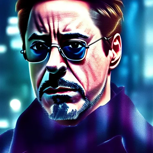 Image similar to photorealistic, hyperdetailed portrait of robert downey junior, night, city, rain, dense fog, hd, 8 k resolution