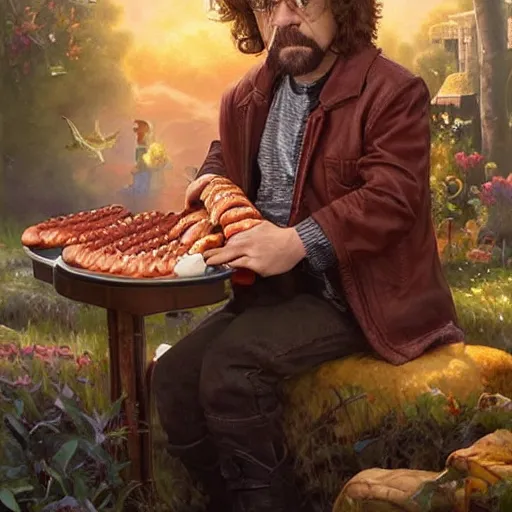 Image similar to portrait of peter dinklage sharing hotdogs with scarlett johansson, an oil painting by ross tran and thomas kincade w 7 6 8