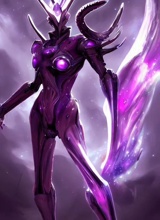 Image similar to cinematic close shot, galactic sized goddess, proportional stunning beautiful hot female warframe, sleek mecha female dragon head, metal ears, led purple eyes, smooth fuschia skin, smooth silver armor, floating in space, holding a galaxy, epic proportions, epic size, epic scale, furry art, dragon art, giantess art, warframe fanart, furaffinity, octane