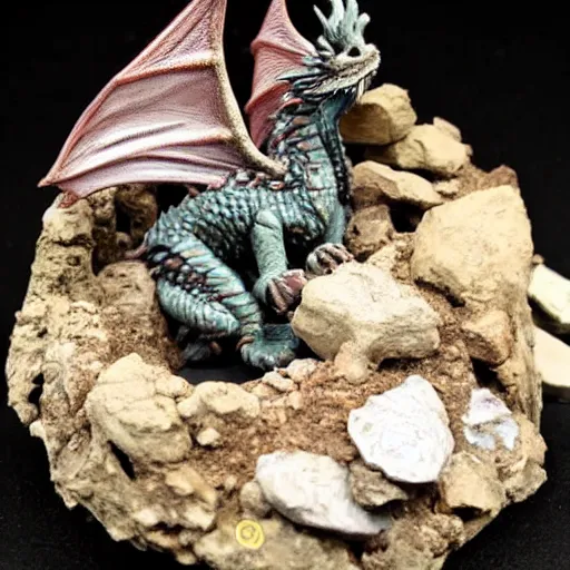 Image similar to a tiny clay model of a dragon protecting its treasure pile, bones scattered across the cave floor, resin and clay art.