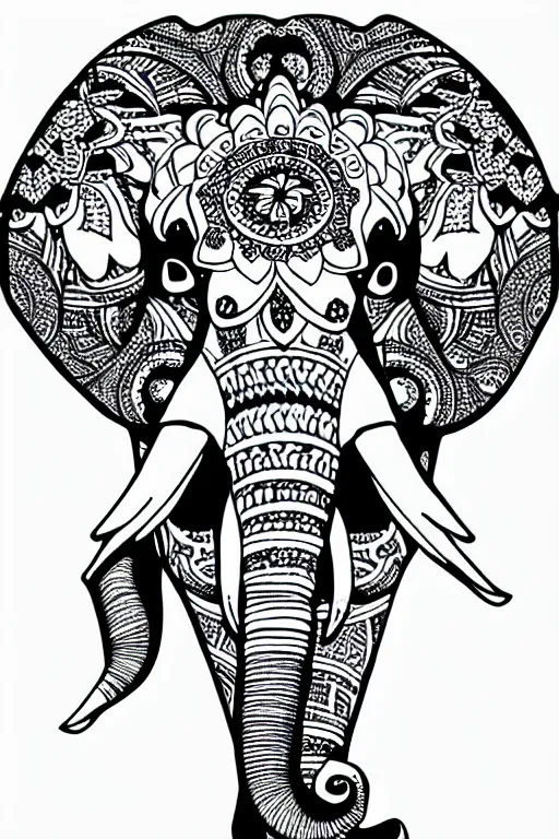 Image similar to elephant ornaments fractal ink drawing line art colouring page