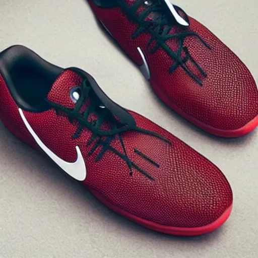 Prompt: luxury cars with their tires replaced by red nike shoes