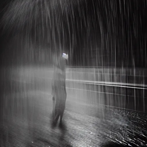 Image similar to an abstract photograph of a lonely male shadowy figure, he is dancing, there is a dark street, it is flooded with water, long exposure, motion blur, 35mm, black-and-white