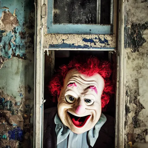 Prompt: UHD photo of Krusty The Clown in an abandoned building, by Annie leibowitz, photorealisitc ,detailed