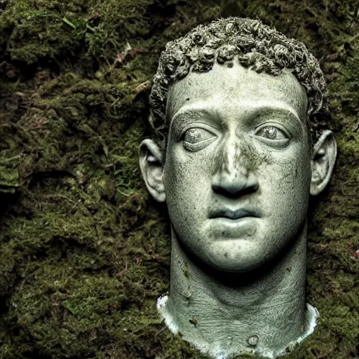 Image similar to Award-winning photograph by Mar Mann. The photo depicts a decaying roman bust of Mark Zuckerberg overgrown with moss at the bottom of the sea in the middle of ruins of civilization. Minimalism, high definition, perfect composition. Deep sea picture. Very dark. Volumetric Lighting. Fish. Darkness. Ruins